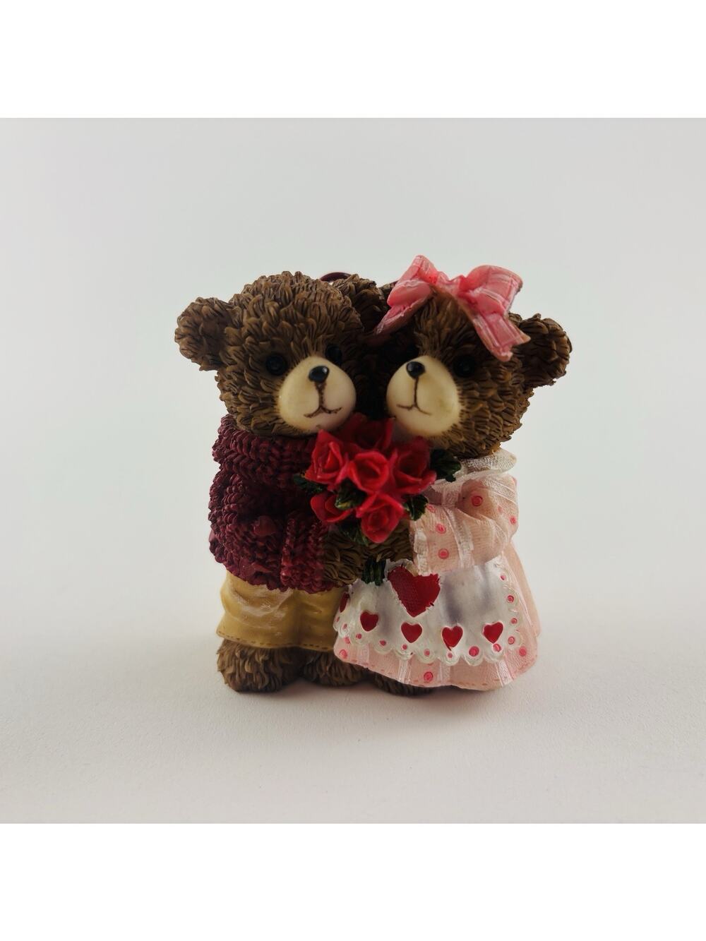 Valentine Teddy Bear Couple Figurine Holding Roses Hearts Romantic Decor